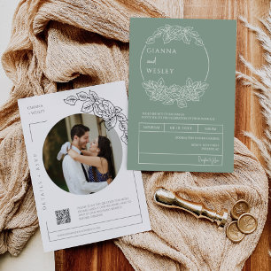 Sage Green Botanical Line Art Boho QR Code Photo Invitation