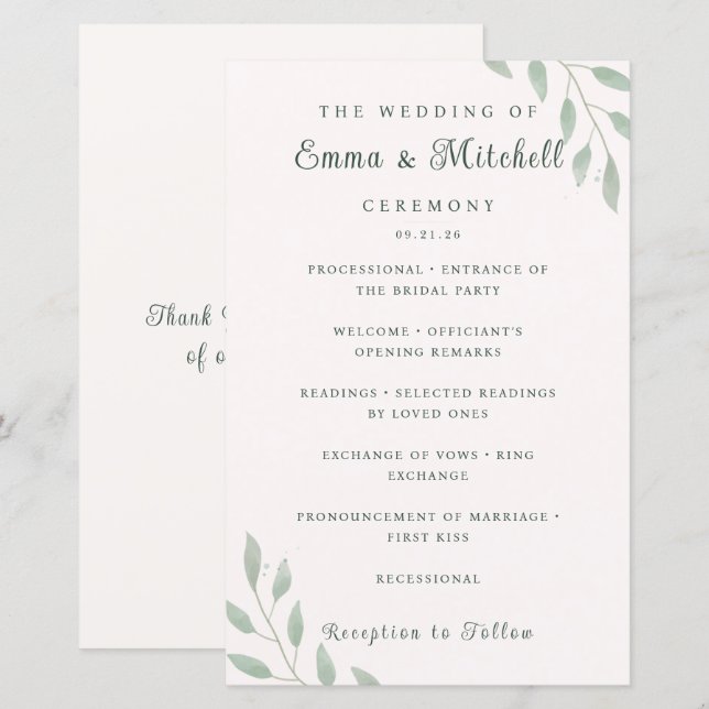 Sage Green Botanical Minimal Wedding Program Card (Front/Back)
