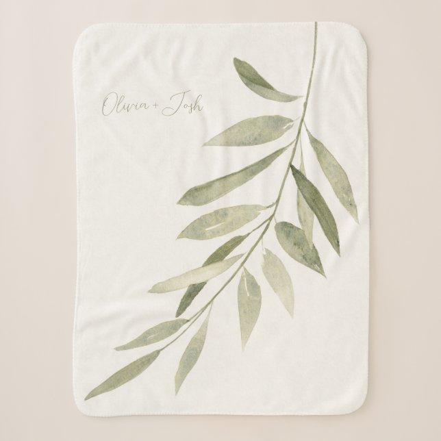 Sage Green Botanical Modern Boho Personalised Sherpa Blanket (Front)