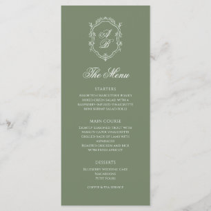 Sage Green Botanical Monogram Crest Wedding Menu