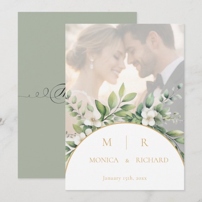 Sage Green Botanical Monogram Thank you card (Front/Back)