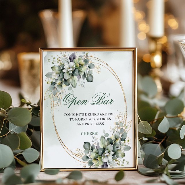 Sage Green Botanical Open Bar Tabletop Sign (Sage Green Botanical Open Bar Tabletop Sign)
