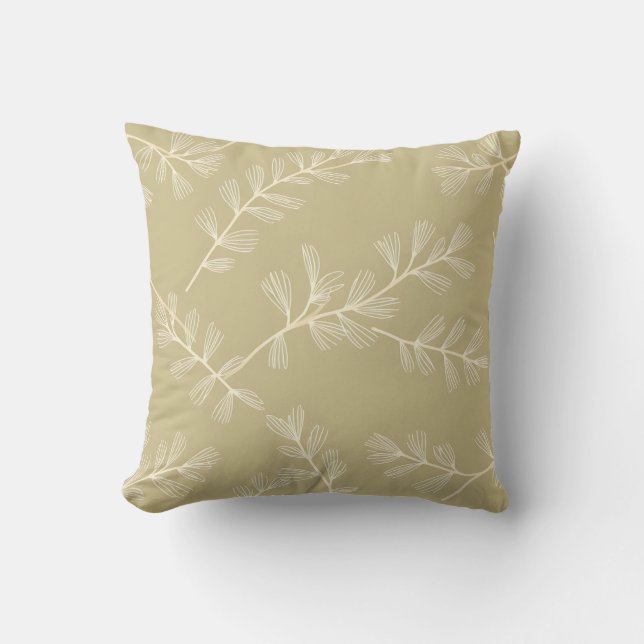 Sage Green Botanical Pattern Cream Hand Drawn Leaf Cushion (Front)