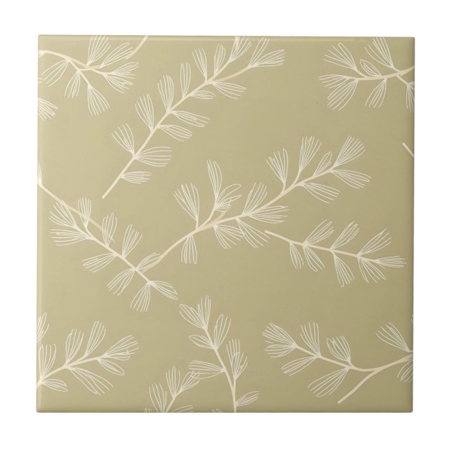 Sage Green Botanical Pattern Cream Hand Drawn Leaf Tile (Front)