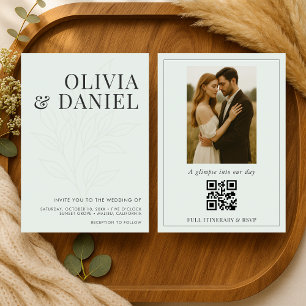 Sage Green Botanical Photo QR Code Wedding Invitation