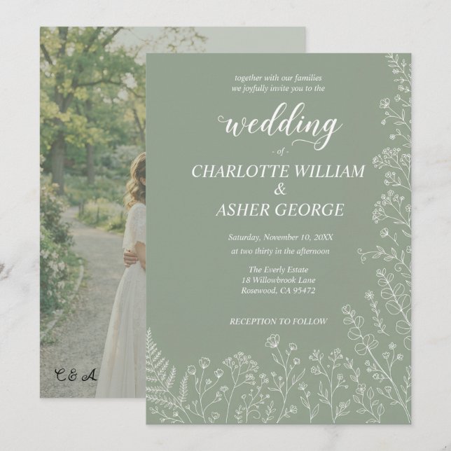 Sage Green Botanical Photo Wedding Invitation (Front/Back)