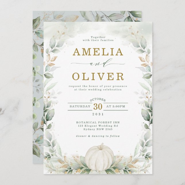 Sage Green Botanical Pumpkin Eucalyptus Wedding Invitation (Front/Back)
