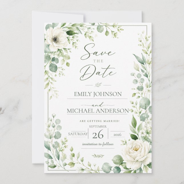 Sage Green Botanical Save The Date Card (Front)