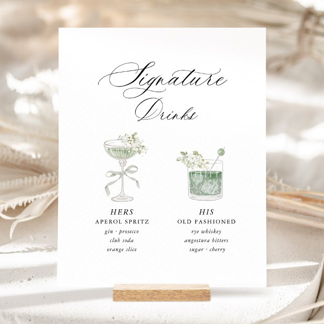 Sage Green Botanical Signature Drinks Wedding Pedestal Sign (Sage green botanical signature drinks wedding sign, watercolor cocktails, bar menu decor, indoor)