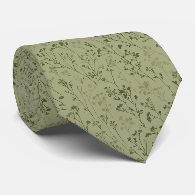 Sage Green Botanical Silhouet Personalised Wedding Tie (Rolled)