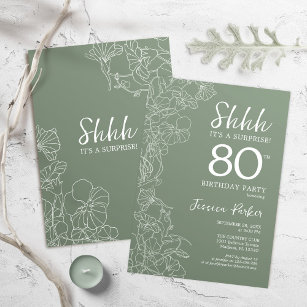 Sage Green Botanical Surprise 80th Birthday Invitation