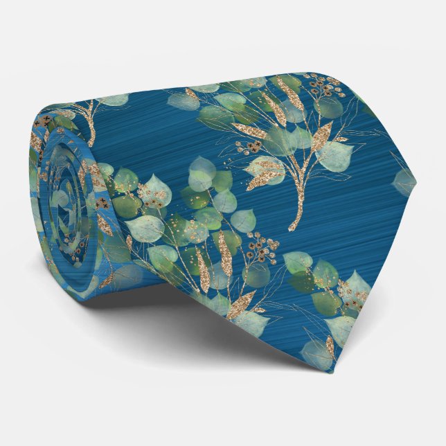 SAGE GREEN BOTANICAL TEAL BLUE MENS TIE (Rolled)