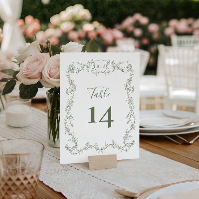 Sage Green Botanical Wedding Rambling Rose Vine Table Number (Creator Uploaded)