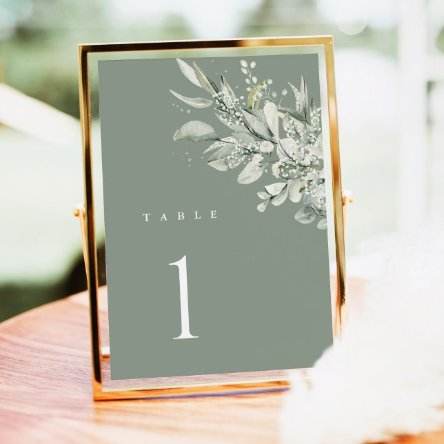 Sage Green Botanical Wedding Table Number Card (Sage green botanical wedding table number card, elegant greenery design, modern reception decor)