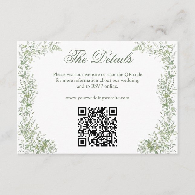 Sage Green Botanical Wedding Website QR Code Enclosure Card (Front)
