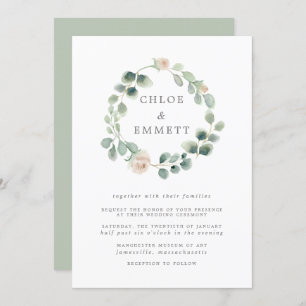 Sage Green Botanical Wreath, White Floral Wedding Invitation