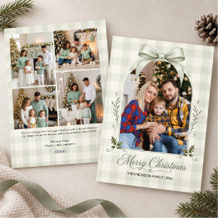 Sage Green Bow Arch Multi Photo Merry Christmas Holiday Card