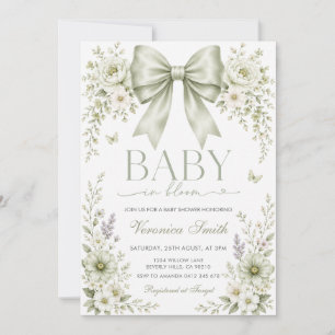 Sage Green Bow Baby in Bloom Floral Baby Shower In Invitation