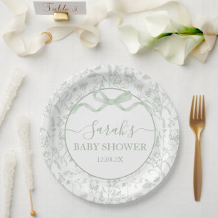 Sage Green Bow Baby Shower Boy Paper Plate