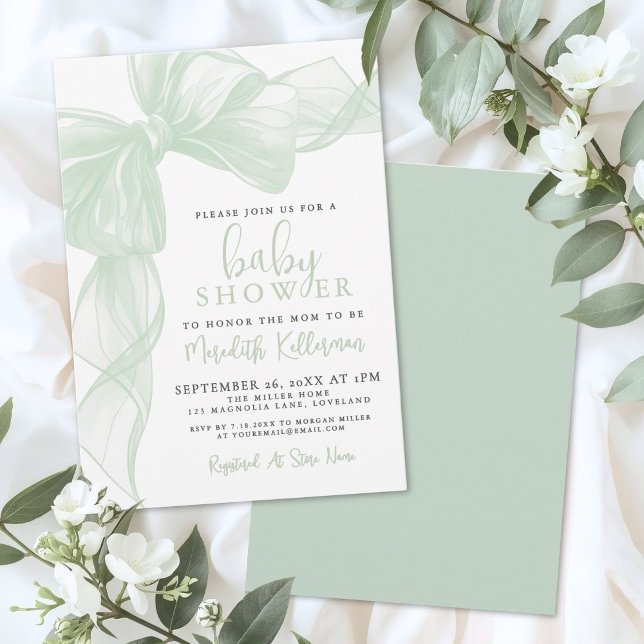 Sage Green Bow Baby Shower Invitation (Sage Green Bow Baby Shower Invitation)