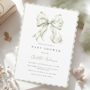 Sage Green Bow Baby Shower Invitation