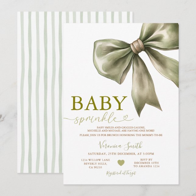 Sage Green Bow Baby Sprinkle Invitation (Front/Back)