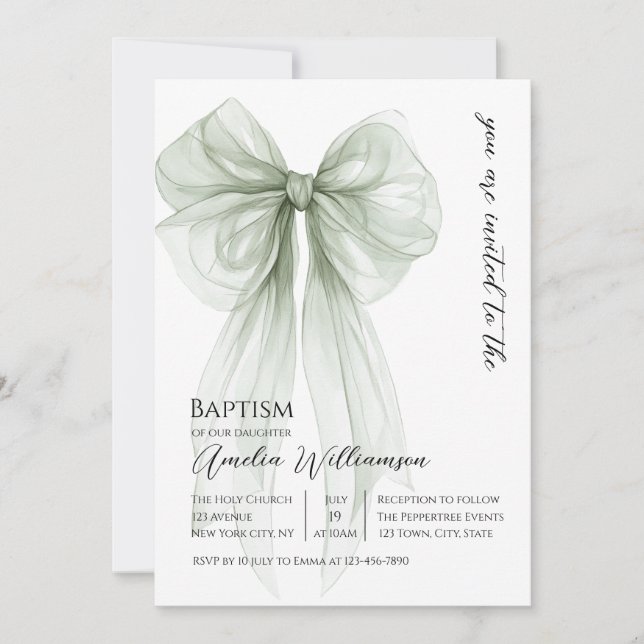 Sage Green Bow Baptism Invitation (Front)