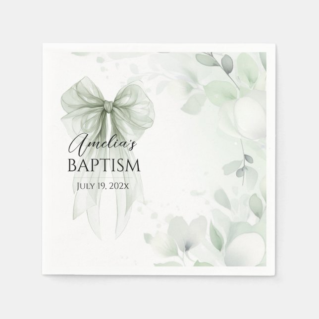 Sage Green Bow Baptism Napkin (Front)