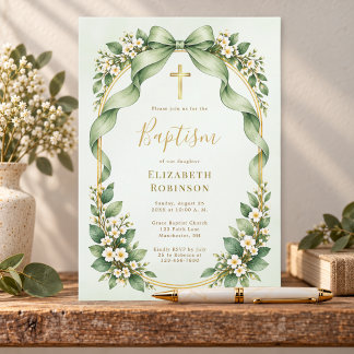 Sage Green Bow Botanical Baptism Invitation