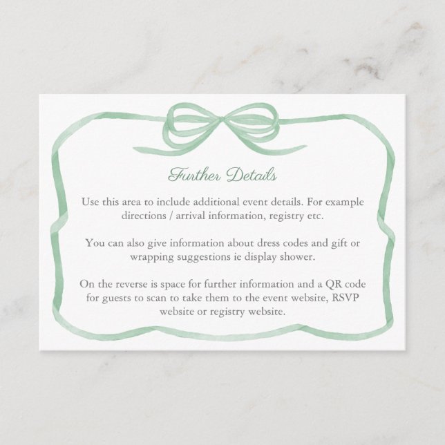 Sage Green Bow Bridal Shower Details QR Code  Enclosure Card (Front)