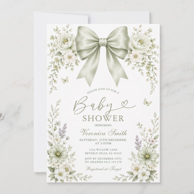 Sage Green BOW Coquette Baby Shower Invitation (Front)