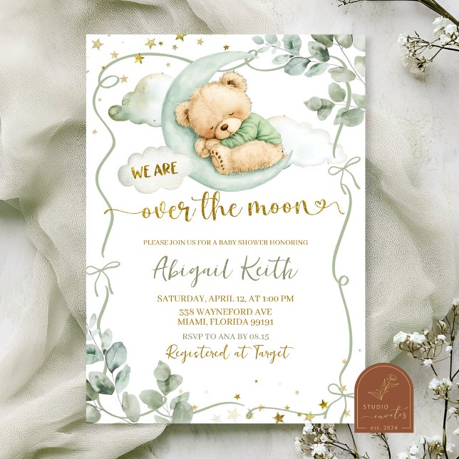 Sage Green Bow Coquette bear over the moon Invitation (Creator Uploaded)