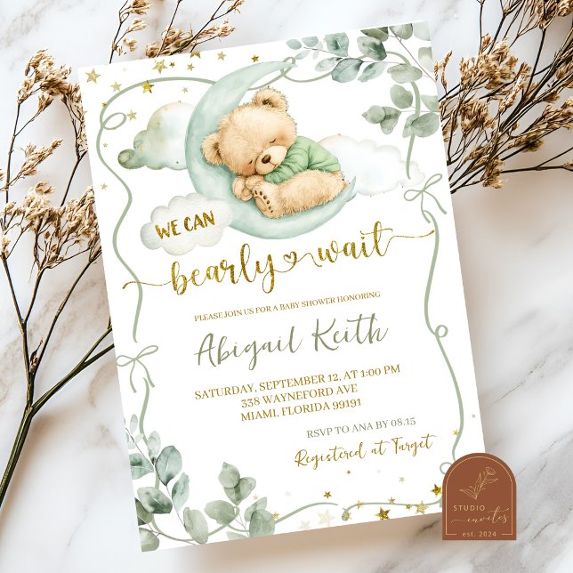 Sage Green Bow Coquette Bearly wait baby shower Invitation (Creator Uploaded)