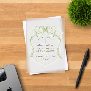 Sage Green Bow Crest Baptism Acrylic Invitations