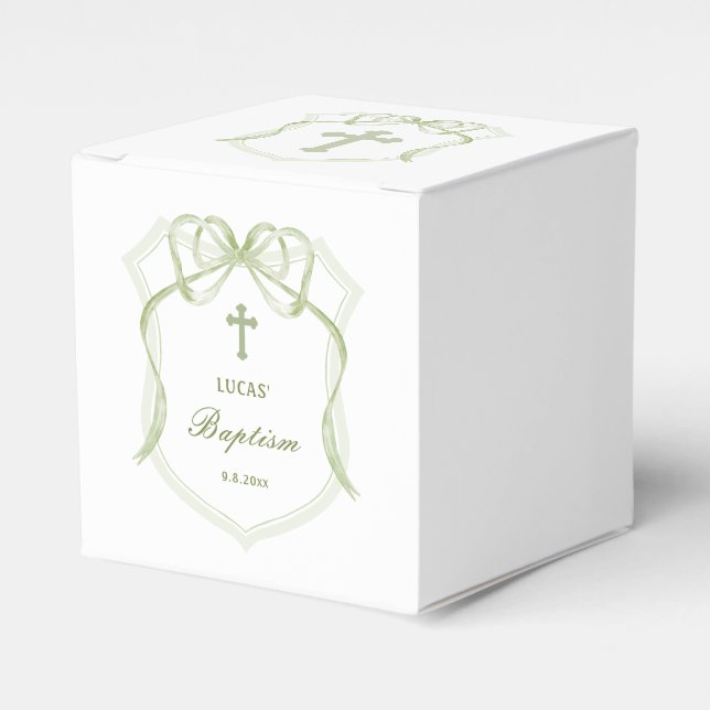 Sage Green Bow Crest Baptism Cube Favour Box (Front Side)