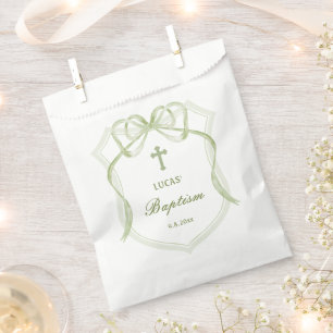 Sage Green Bow Crest Baptism Favour Bags