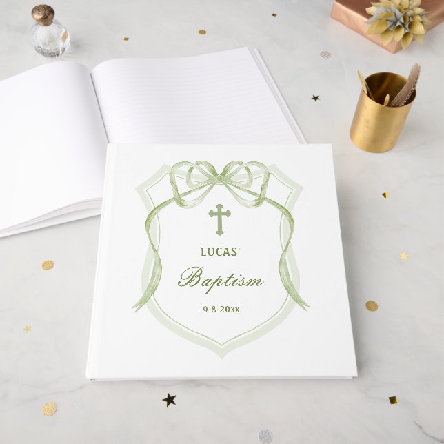 Sage Green Bow Crest Baptism Guest Book (Front Open)