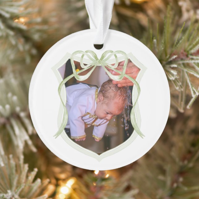 Sage Green Bow Crest Baptism Photo Ornament (Tree)