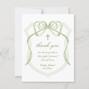 Sage Green Bow Crest Baptism Thank You Card