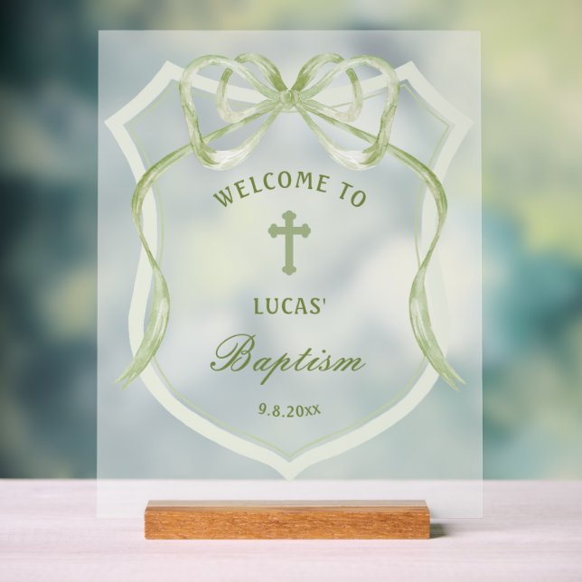 Sage Green Bow Crest Baptism Welcome Acrylic Sign (Neutral)