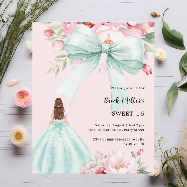 Sage green bow dress pink Sweet 16 invitation (Creator Uploaded)