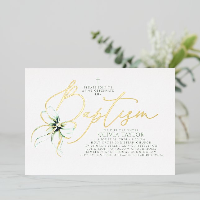 Sage Green Bow Elegant Minimalist Modern Baptism (Standing Front)
