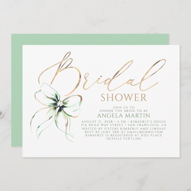 Sage Green Bow Elegant Romantic Bridal Shower Invitation (Front/Back)