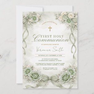 Sage Green Bow Floral First Holy Communion Invitation