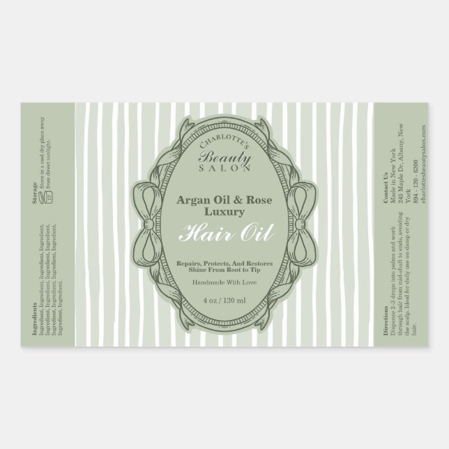 Sage Green Bow Frame Beauty Oil Bottle Label (Front)