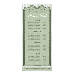 Sage Green Bow Frame Striped Salon Price List Card