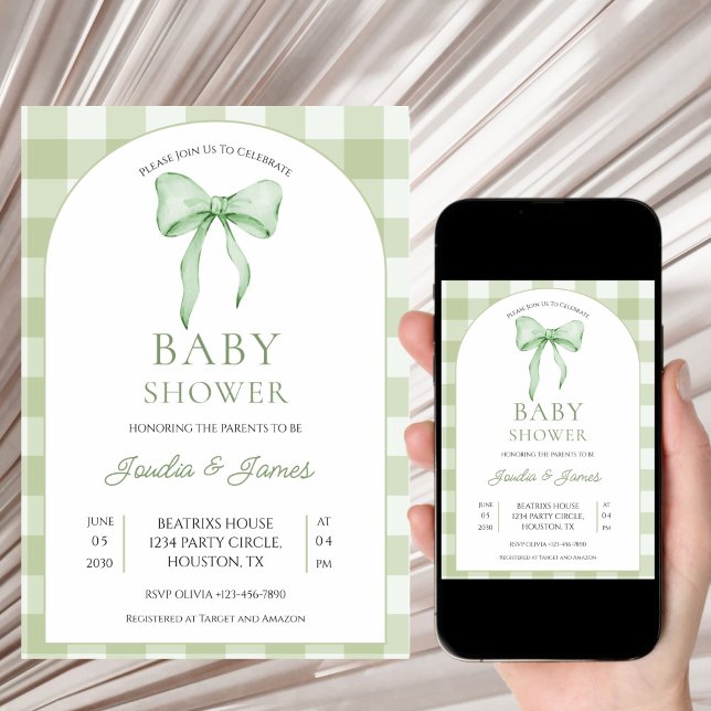 sage green Bow Gingham Baby Shower Invitation (Creator Uploaded)