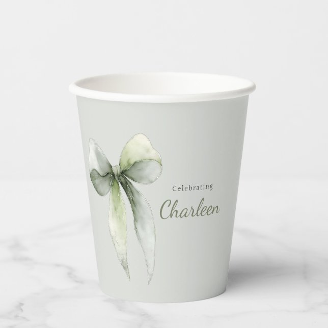 Sage Green Bow Gingham Baby Shower Paper Cups (Front)
