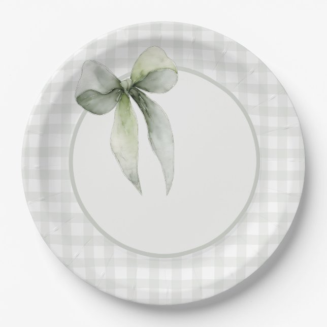 Sage Green Bow Gingham Baby Shower Paper Plate (Front)