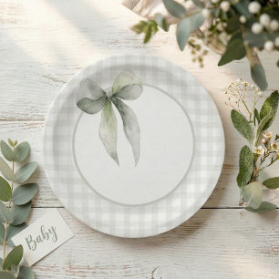 Sage Green Bow Gingham Baby Shower Paper Plate